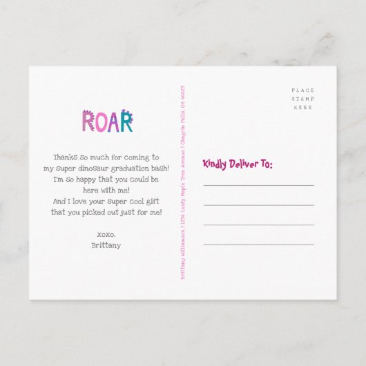 Roze Afstuderen Dinosaurussen Meisje Kawaii Bedank Briefkaart (Achterkant)