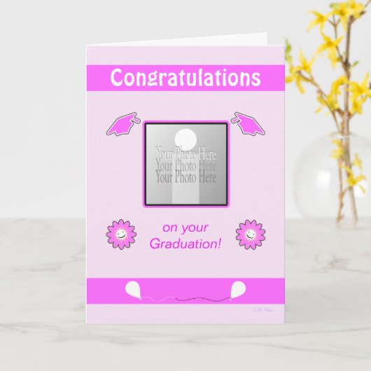 Roze Afstuderen Foto Bloemen en Petten Kaart (Gele Bloem)