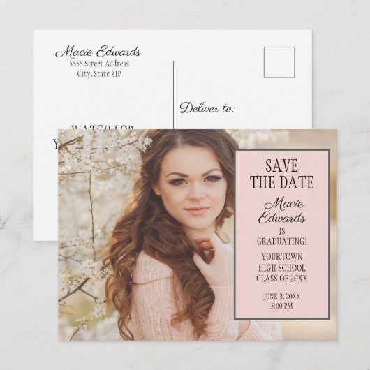 Roze Afstuderen Foto Opslaan Briefkaart Datum (Voorkant / Achterkant)