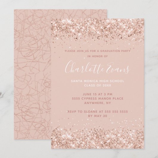 Roze Afstuderen Glitter Kaart (Voorkant / Achterkant)