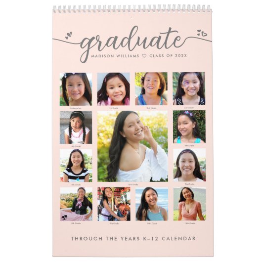 Roze Afstuderen K–12 Script Photo Collage 15 maand Kalender (Hoes)
