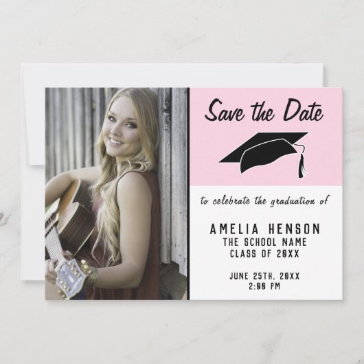 Roze Afstuderen Opslaan Datum foto Aankondiging (Voorkant)