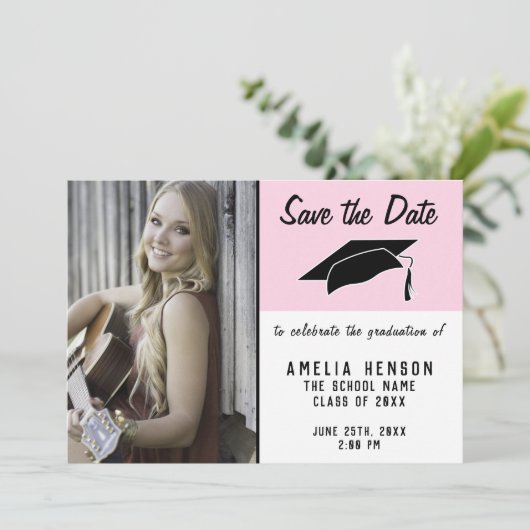 Roze Afstuderen Opslaan Datum foto Aankondiging (Staand voorkant)