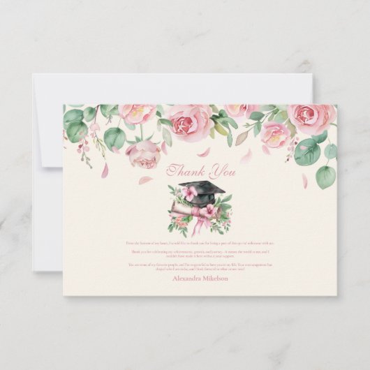 Roze Afstuderen van Floral Bedankkaart (Voorkant)