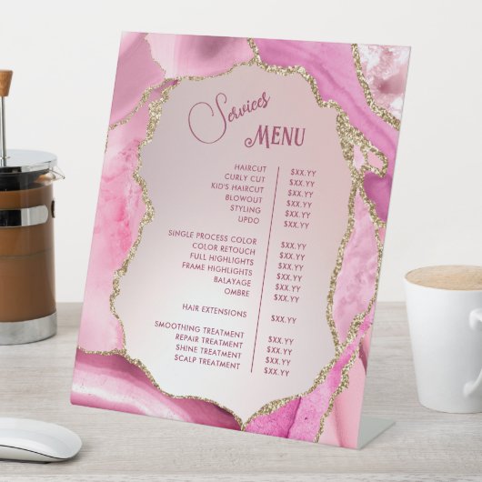 Roze Agaat Faux Folie Services Menu Reclamebord Met Voetstuk (Insitu)