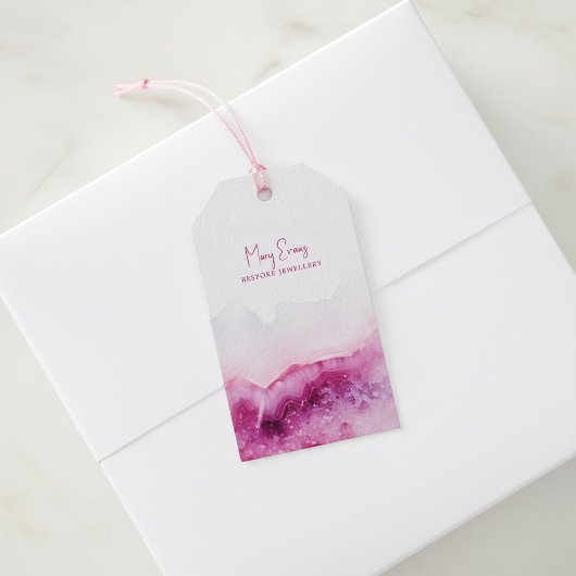 Roze agaat ketting display kaart cadeaulabel