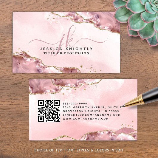 Roze Agaat Script Monogram Gold Glitter QR Visitekaartje