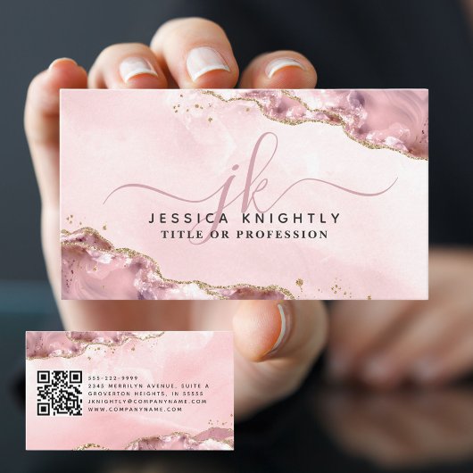 Roze Agaat Script Monogram Gold Glitter QR Visitekaartje