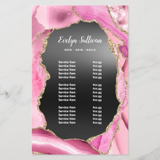 Roze agaat zwart folie prijslijst flyer (Voorkant)