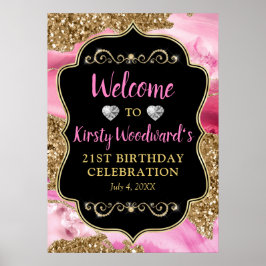 Roze Agat Geode Plakken en Gouden Glitter Verjaard Poster