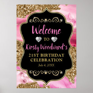 Roze Agat Geode Plakken en Gouden Glitter Verjaard Poster