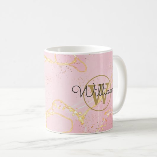 Roze Agate Geode Gouden Initialen Script Naam Koffiemok (Voorkant rechts)
