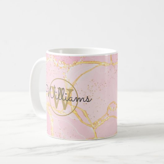 Roze Agate Geode Gouden Monogram Script Naam Koffiemok (Voorkant links)