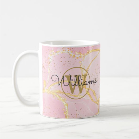 Roze Agate Geode Gouden Monogram Script Naam Koffiemok (Links)