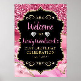 Roze Agate Geode Plakken en Gouden Glitter Verjaar Poster