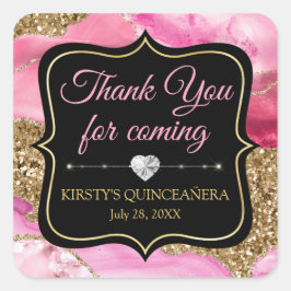 Roze Agate Geode Plakken & Gouden Glitter Quinceañ Vierkante Sticker