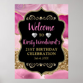 Roze Agate Geode Slices en Gold Glitter Birthday Poster