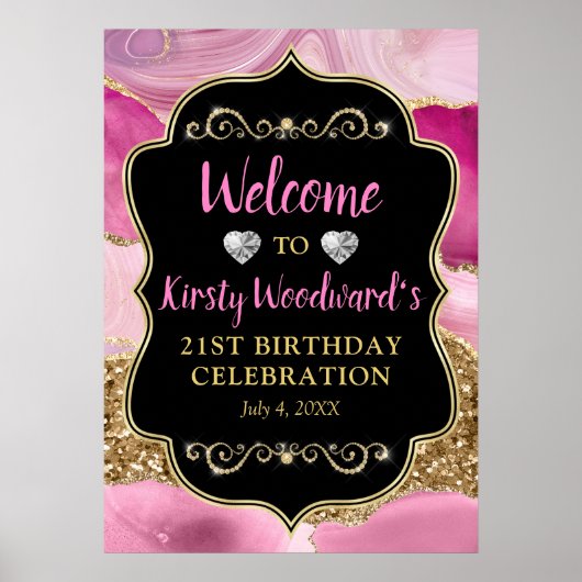 Roze Agate Geode Slices en Gold Glitter Birthday Poster (Voorkant)
