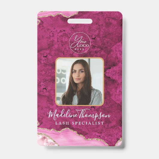 Roze Agate Marmer Zakelijk Logo Bedrijfs-ID Badge (Voorzijde)