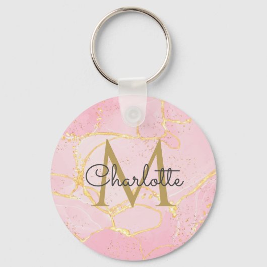 Roze Agaten Geode Gouden Monogram Elegante Script  Sleutelhanger (Voorkant)