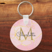 Roze Agaten Geode Gouden Monogram Elegante Script  Sleutelhanger (Voorkant)