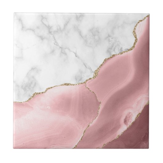 Roze Agaten Goud Glitter Witte Marmer Tegeltje (Voorkant)