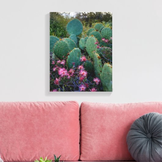 Roze airy Duster Flowers & Prickly Pear Cactus Canvas Afdruk (Insitu (Woonkamer))