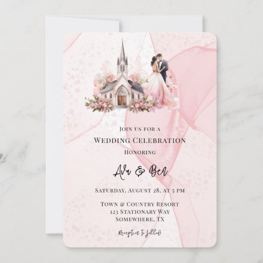 Roze Alcohol Bloemen Kerk Huwelijksfeest Kaart (Voorkant)