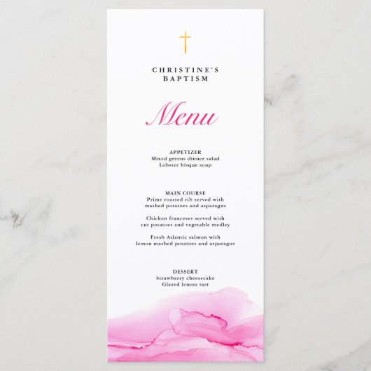 Roze alcohol Ink Girl Baptism Christening Menu (Voorkant)