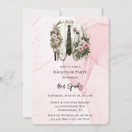 Roze Alcohol Ink Groom Suit vrijgezellenfeest Kaart (Voorkant)