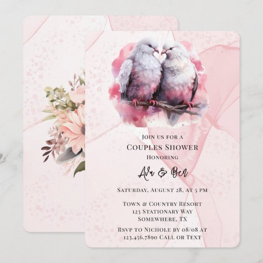 Roze Alcoholinkt Twee Tortelduifjes Koppels Douche Kaart (Voorkant / Achterkant)