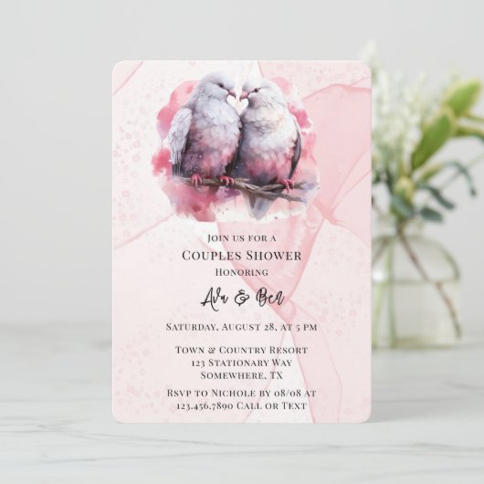 Roze Alcoholinkt Twee Tortelduifjes Koppels Douche Kaart (Staand voorkant)