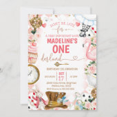 Roze Alice in Onederland 1e verjaardag Uitnodiging (Voorkant)