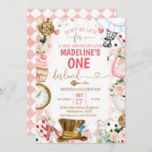 Roze Alice in Onederland 1e verjaardag Uitnodiging (Voorkant / Achterkant)