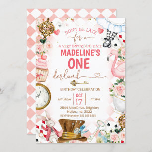 Roze Alice in Onederland 1e verjaardag Uitnodiging
