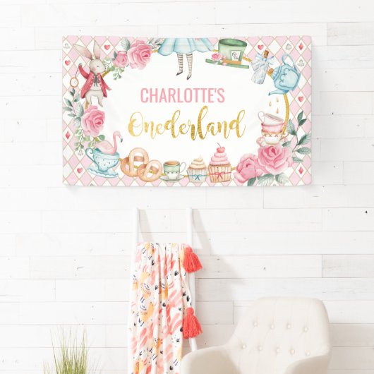 Roze Alice in Onederland 1st Birthday Backdrop Spandoek (Insitu)