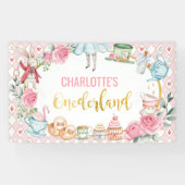 Roze Alice in Onederland 1st Birthday Backdrop Spandoek (Horizontaal)