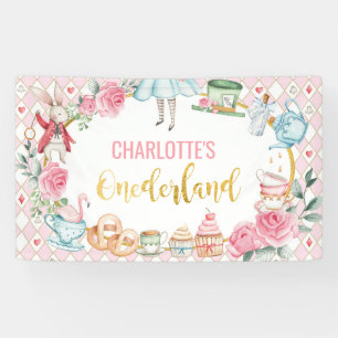 Roze Alice in Onederland 1st Birthday Backdrop Spandoek