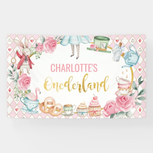 Roze Alice in Onederland 1st Birthday Backdrop Spandoek (Horizontaal)