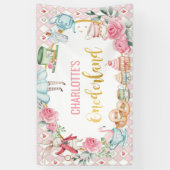 Roze Alice in Onederland 1st Birthday Backdrop Spandoek (Verticaal)