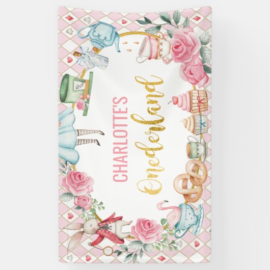 Roze Alice in Onederland 1st Birthday Backdrop Spandoek (Verticaal)