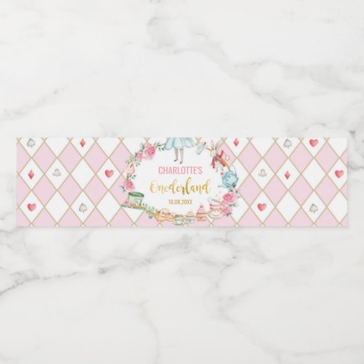 Roze Alice in Onederland Birthday Party Favors Waterfles Etiket (Enkel label)