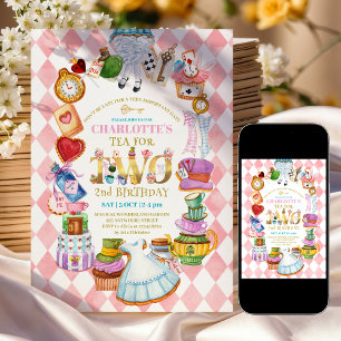 Roze Alice in Wonderland 2de verjaardagsuitnodigin Kaart