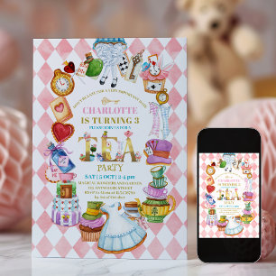 Roze Alice in Wonderland 3e verjaardagsuitnodiging Kaart