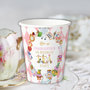 Roze Alice in Wonderland 4de verjaardag Papieren Bekers