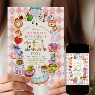 Roze Alice in Wonderland 4de verjaardagsuitnodigin Kaart