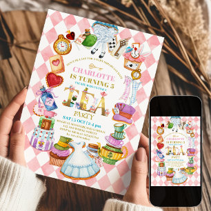 Roze Alice in Wonderland 5e verjaardagsuitnodiging Kaart