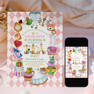 Roze Alice in Wonderland 6de verjaardagsuitnodigin Kaart