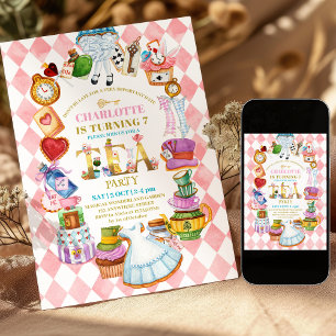 Roze Alice in Wonderland 7de verjaardagsuitnodigin Kaart