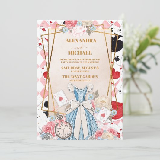 Roze Alice in Wonderland Bruiloft Kaart (Staand voorkant)